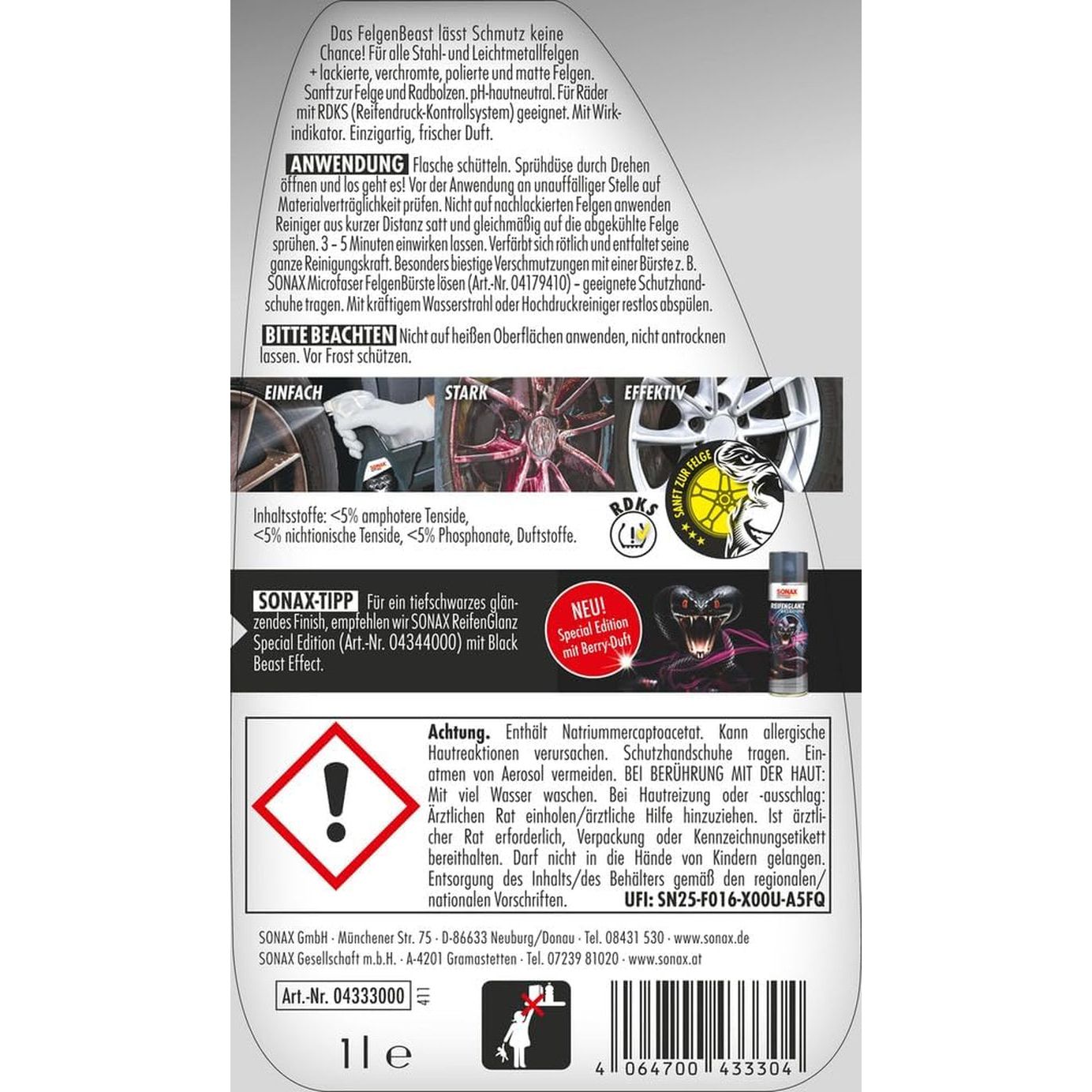 SONAX Felgenbeast (1 Liter) Felgenreiniger Für Alle Polierten, Verchromten Und Matten Stahl- & Leichtmetallfelgen | Art-Nr. 04333000