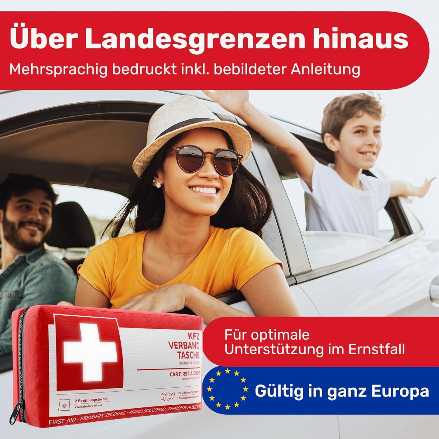 KFZ Verbandstasche Nach Aktueller Norm 2024 Inkl. Beatmungstüchern - KFZ Verbandskasten Europaweit Nutzbar - Erste Hilfe Set Verbandkasten DIN 13164:2022 (Stvo Konform)