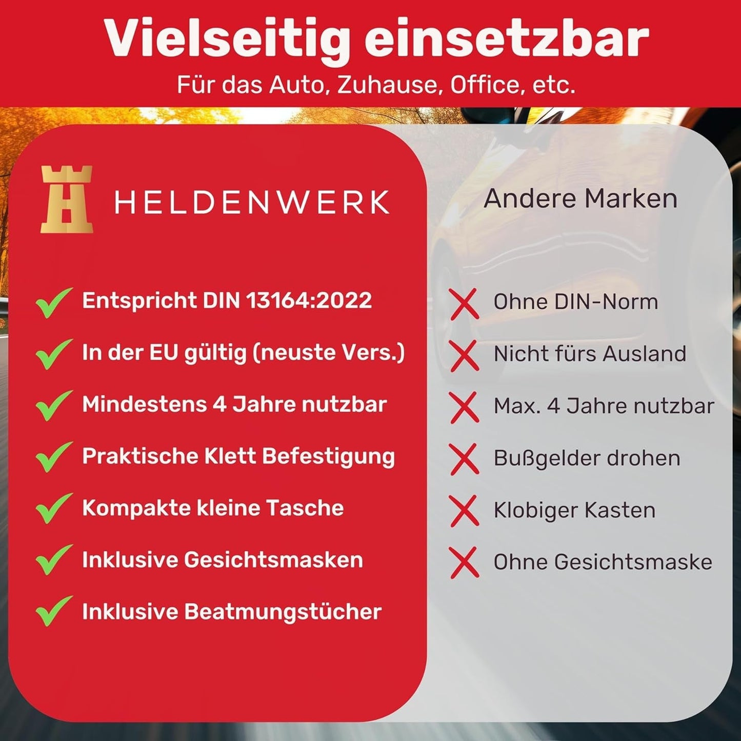 KFZ Verbandstasche Nach Aktueller Norm 2024 Inkl. Beatmungstüchern - KFZ Verbandskasten Europaweit Nutzbar - Erste Hilfe Set Verbandkasten DIN 13164:2022 (Stvo Konform)