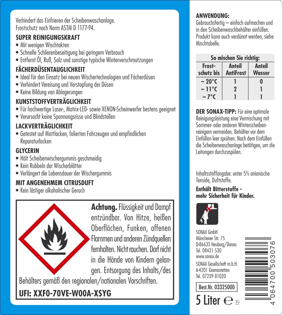 SONAX AntiFrost+KlarSicht Gebrauchsfertig bis -20°C (5 Liter) 1 Stück Scheibenwaschanlagen-Frostschutz sorgt für klare Sicht