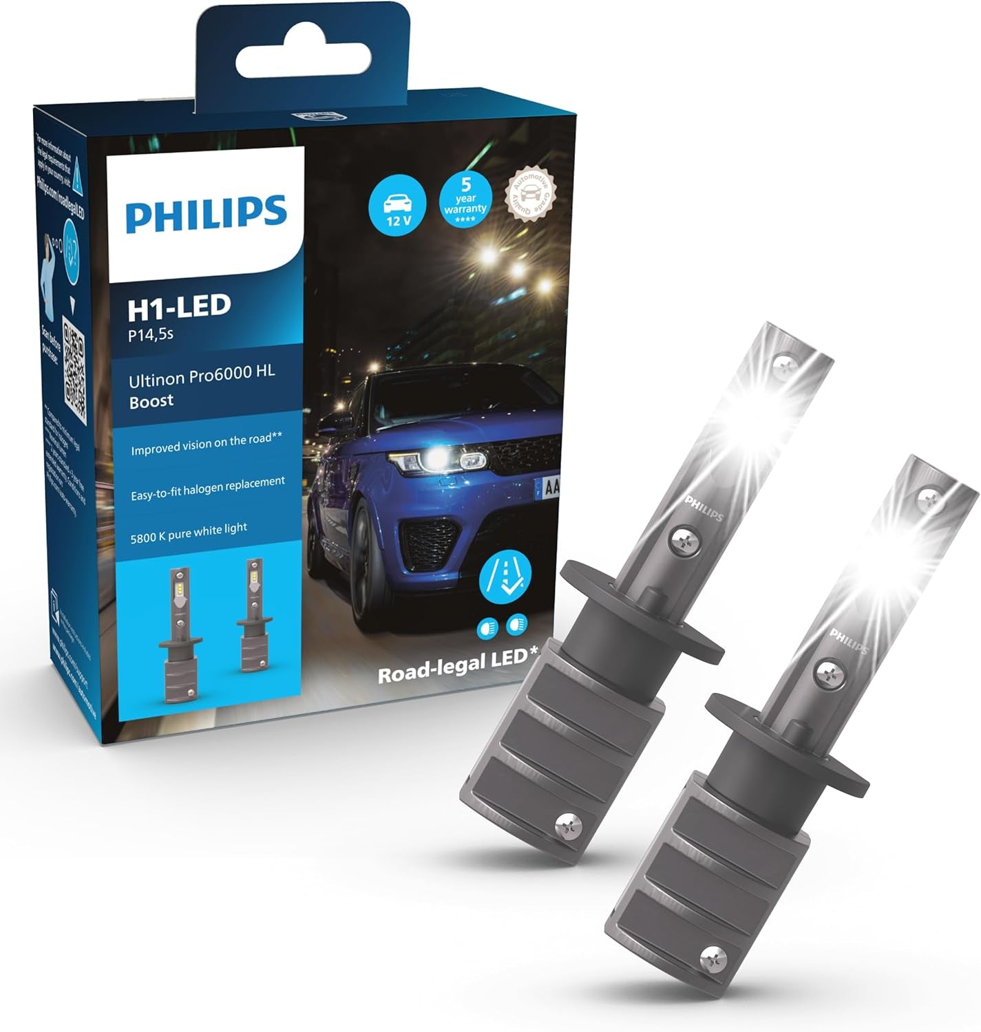 Philips Ultinon Pro6000 Boost H1-LED Scheinwerferlampe Mit Straßenzulassung*, 5.800K, Grau