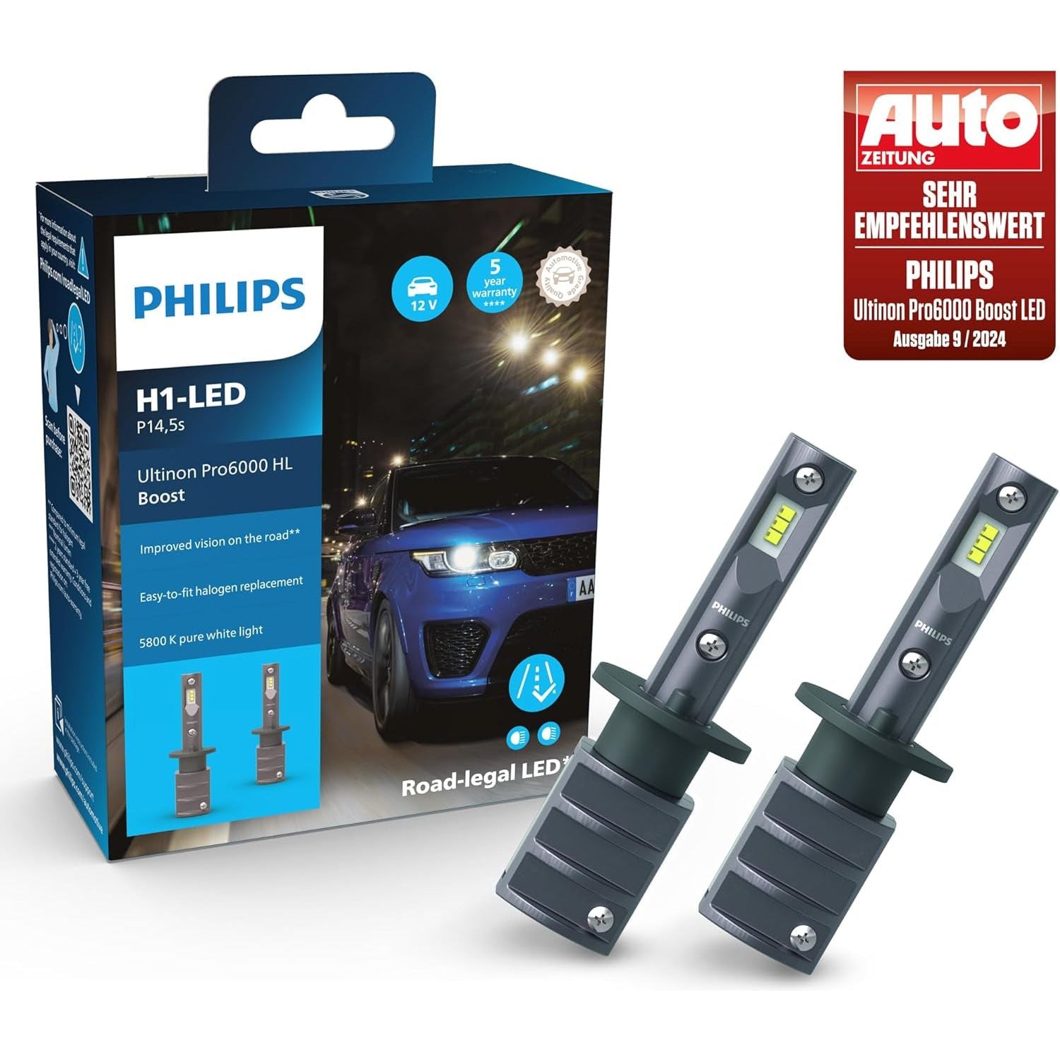 Philips Ultinon Pro6000 Boost H1-LED Scheinwerferlampe Mit Straßenzulassung*, 5.800K, Grau