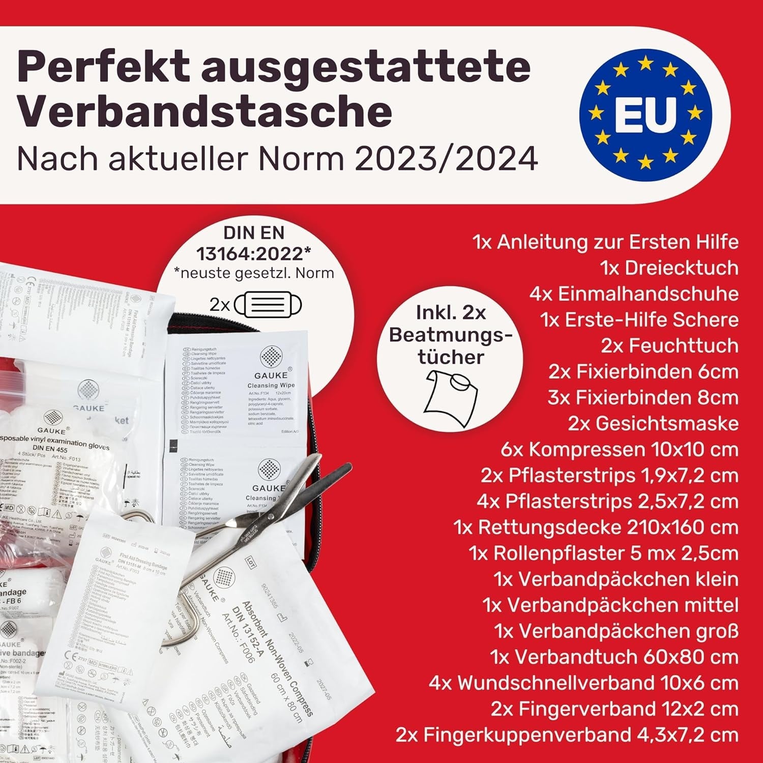 KFZ Verbandstasche Nach Aktueller Norm 2024 Inkl. Beatmungstüchern - KFZ Verbandskasten Europaweit Nutzbar - Erste Hilfe Set Verbandkasten DIN 13164:2022 (Stvo Konform)